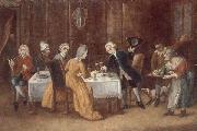 unknow artist An elegant interior with a lady and gentleman toasting,other figures drinking and smoking at the table oil on canvas